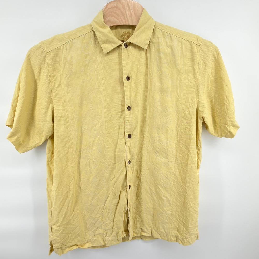 Tommy Bahama Button Down Mens Large Yellow 100% Silk Short Sleeve Camp Shirt